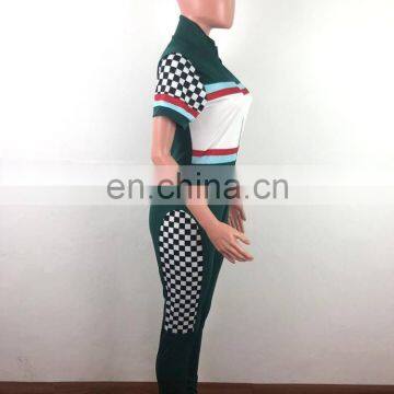 Summer Sexy V Neck Jumpsuits Plaid High Waist Rompers Front Zipper Womens Jumpsuit Bodycon Overalls Short Sleeve Playsuit photo-3