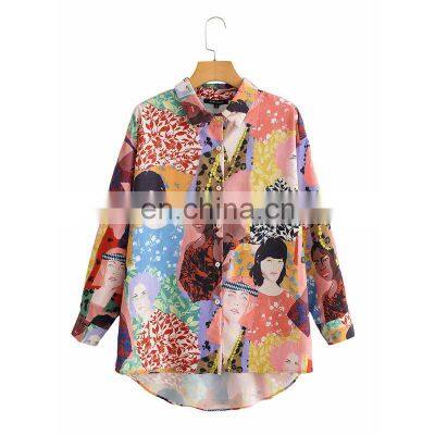 Clothing wholesale custom fashion trend women's casual loose color oil painting beauty printing long-sleeved shirt