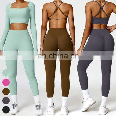 Wholesale Fitness Suit Long Sleeve Sport Bra Leggings 4 Piece Suit Outdoor Running Clothing Gym Fitness Sets Yoga Set Women