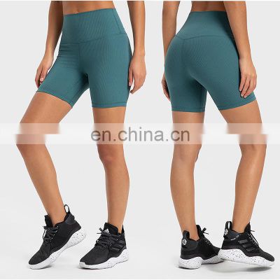 Wholesale Soft Nude Ribbed High Waist Gym Yoga Shorts Outdoor Training Running Sports Slim Biker Short Pants Clothes For Women