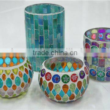 Colorful Glass Mosaic Cylinder Candle Holders Bronze & Turquoise Candle Jars