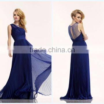 Beach Style Round Neck Brush Train Chiffon Pleated Royal Blue Suzhou Prom Dress 2015 HA-151