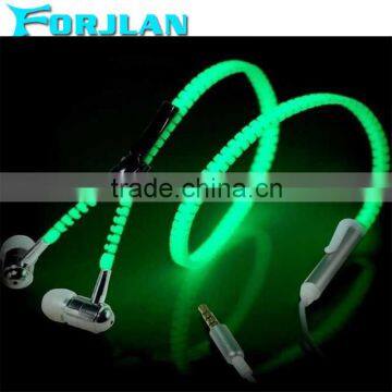 3.5mm metal zipper glowing earphone stereo glowing headphones