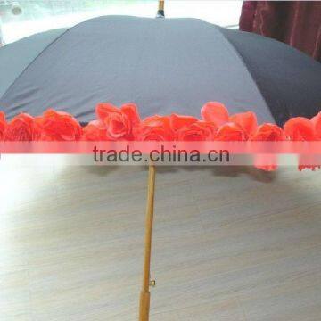 23" ribs American beauty wooden straight rose umbrella with rose flower edge