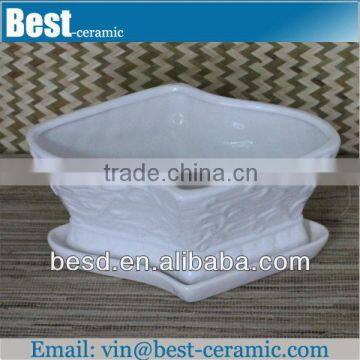 large square white ceramic flower pot with saucer