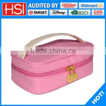 economical double zippers PU cosmetic bag with handle