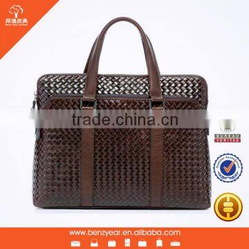 Trendy Men Coffee Weaving Top Layer Leather Laptop Briefcase Shoulder Bag