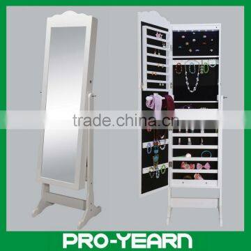 Floor Standing Wooden Furniture Chinese Mirrored Jewelry Cabinet with Wavelike Door Top and LED Lights and Classic Design