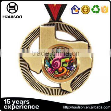 cheap custom hollow out die casting pad printing iron brass zinc alloy gold plated sport medal with ribbon