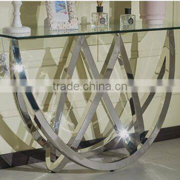 Special Shape Tempered Glass Top Console Table Set With Stainless Steel Base For Home Use