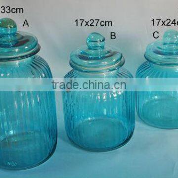 blue cylinder glass storage jar with design with glass lid