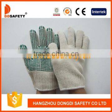 4 Threads Natural Cotton Polyester Gloves String Knit Gloves With Dark Green PVC Dots One Side