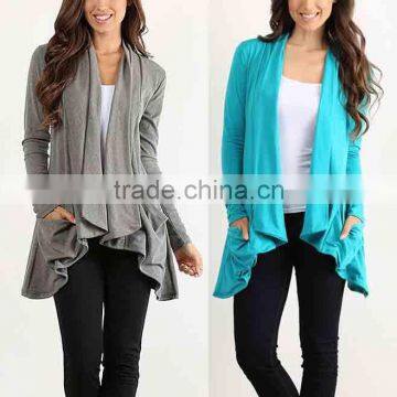 Women Fashion Turquoise Pocket Sidetail Cardigan with Long Sleeve Plain Dyed Wholesale CUSTOM Manufacturer Cardigan Wholesale