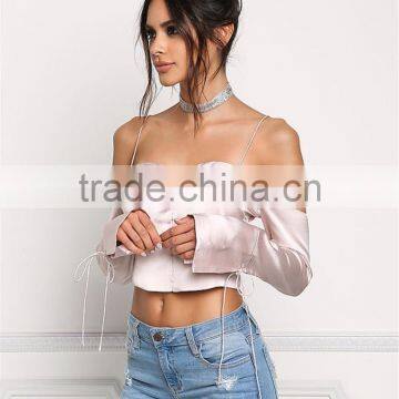 MGOO Custom Manufacturer Polyester Cropped Blouses Blush Silky Cold Shoulder Long Sleeves Satin Crop Tops photo-6
