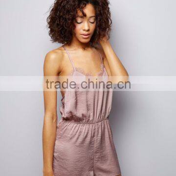 Women Casual Fit Satin Pajamas Set With Elasticated Waist Pink Sateen Lace Trim Playsuit V Neck photo-2