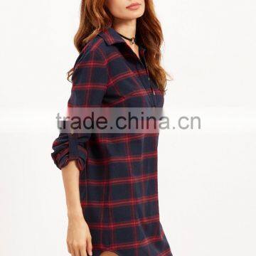 Navy Plaid Roll Tab Sleeve Half Placket Shirt Dress 100% Cotton Pocket Curved Hem Button Casual Short Dress photo-3