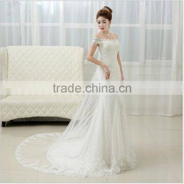 2017 Fashion Wedding Dress New Bride Korean Boat Neck Evening Dress Fishtail Skirt Long Drag Tail photo-5