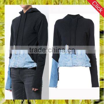 High quality sportswear black patchwork jersey hoodies men custom long sleeve pullover denim detail hoodie