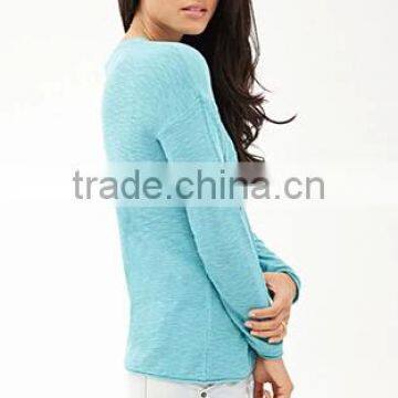 Simple Soft Slub 100% Cotton Round Neck Female Pullover Sweater photo-5