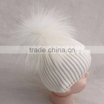 Myfur Baby Knitted Hat with White Raccoon Removable Fur Pom Pom Top