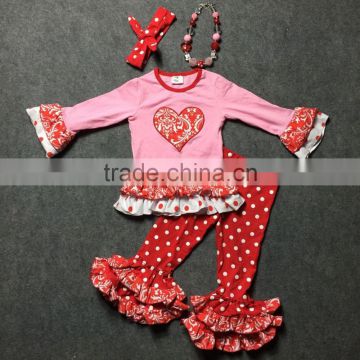 2016 Valentine's day heart outfits grils party clothes toddler baby pant heart pink top red pant dot girls with accessories