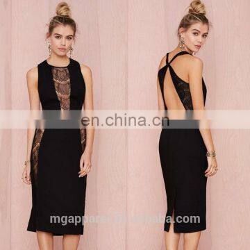 latest fashion dress design black crepe fabric cut out at back lace sexy dress