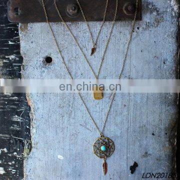 Fashion Women Retro Charm Dream Catcher Feather Square Pendant Long Chain Layered Necklace Jewelry Gift