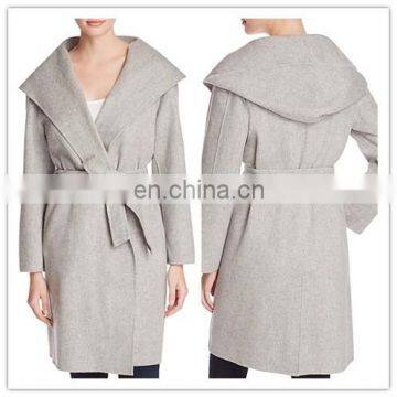 New Fashion Women V-neck Wool Coat Hooded Wrap Coat With Self Tie Belt (16110402)