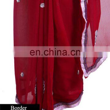 Designer Fancy Embrided Resham Work Georgette Red Saree Sari photo-3
