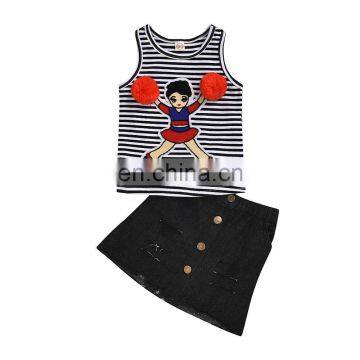 2Pcs Cute Summer New Girl Kids Clothes Sets Sleeveless Cartoon Striped Vest+Denim Skirts Toddler Infant Outfits Sets 1-7Y