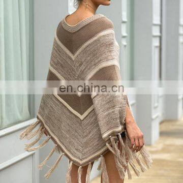 Hot selling US market Fringed cape shawl geometric colorblock round neck pullover sweater