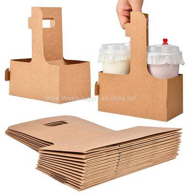 2 Cup Disposable Drink Carrier with Handle, Kraft Paperboard Cup Holder for Hot or Cold Drinks, to Go Coffee Cup Holder for Food Delivery Service