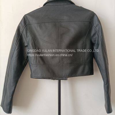 Spring/Autumn Women's Washed Eco Leather Motorcycle Biker Jacket photo-3