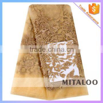 Mitaloo Gold Tulle Lace High Quality Beaded French Lace Net Fabric with Pearls MFL1126