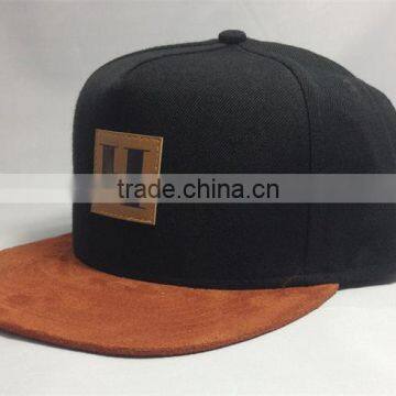 Custom 5 Panel Cotton Suede Brim Snapback Hats Era Leather Patch Snapback Cap photo-2