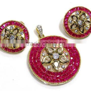 Gold Finish Ethnic Ruby Pendant & Earring Jewelry design with Meenakari (Enamal) . 22 K Gold Plated Jewellery