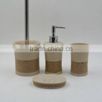 Polyresin Sandstone Bathroom Accessories Set With Hemp Rope