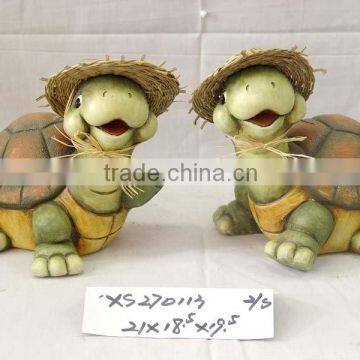 Terracotta tortoise w/straw hat,2 assorted.