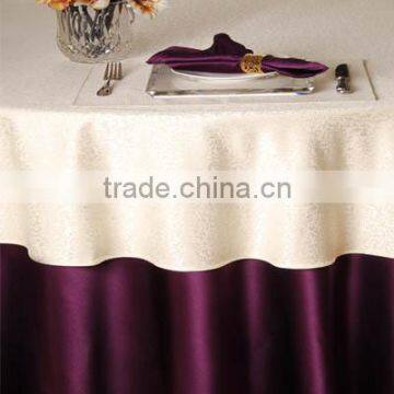 round 2-ply banquet party table cloth , white color round overlay , purple color round underlay for hotel banquet party hall