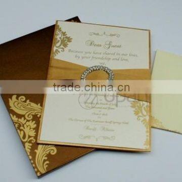 Gold Silk Wedding Invitation With Rhinestone Brooch and Ribbon ON SALE photo-3
