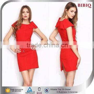 Elegant Red Color With Belt Office Lady Wear Formal Dress In Stock