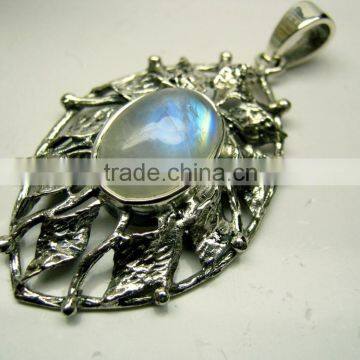 Rainbow Moonstone Oval Cabochon Oxidised Gemstone Pendant, 925 Solid Sterling Silver Pendants, Designer Casting Bezel Pendant