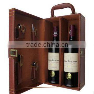 Two bottles of red wine gift leather box with wine accessories