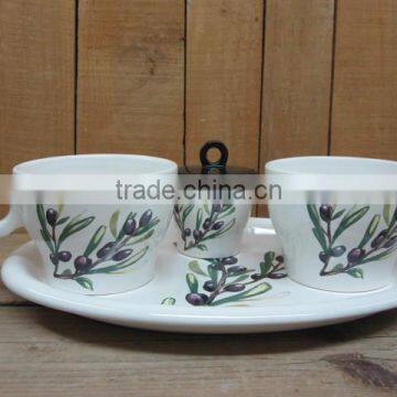 New olive ceramic tea cup with sugar bowl and saucer set