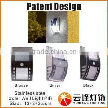 Patent design 3LED stainless steel solar pillar light solar wall light PIR motion sensor