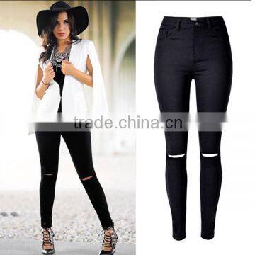 Alibaba China 2016 Summer Fashion Women Black High Waist Leggings Ladies Knee Holes Pencil Skinny Ripped Jeans Wholesale Price