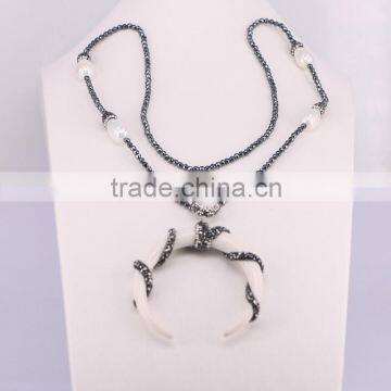 Fashion Drop Pearl Shell Gemstone Necklace, Double Horn Pendant Hematite Beads Necklace photo-2