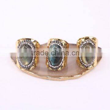 Natural Labradorite Stone Ring, Metal Gold Plated Ring, Pave Setting Crystal Jewelry Finger Gold Plated Druzy Ring