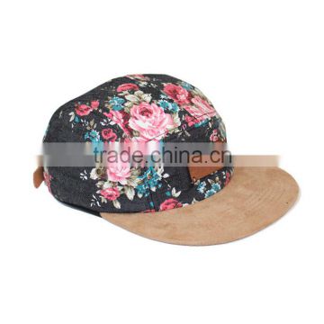 Floral 5 Panel Suede Brim Leather Snapback ,Custom All Over Print 5 Panel Hats,Custom Floral 5 Panel Snapback Hat Wholesale