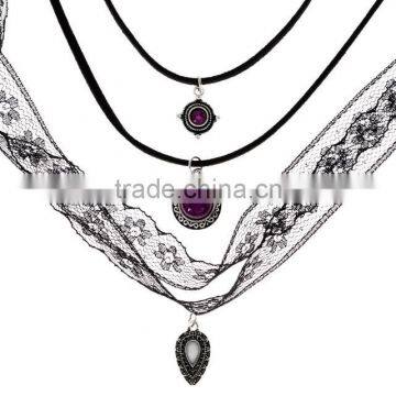 Zm34539a Vintage Faux Stone Black Lace Choker Necklace Set photo-2